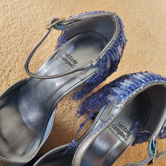 JEFFREY CAMPBELL Show Stop Light Blue Metallic Beaded Fringe Leather Pumps - Picture 15 of 16